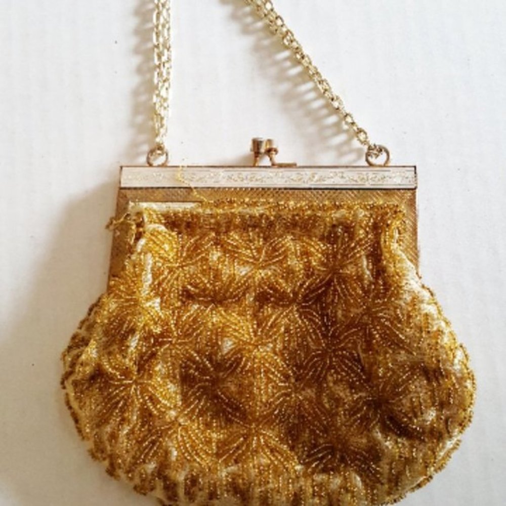 VINTAGE 50s Beaded Purse Gold Cream